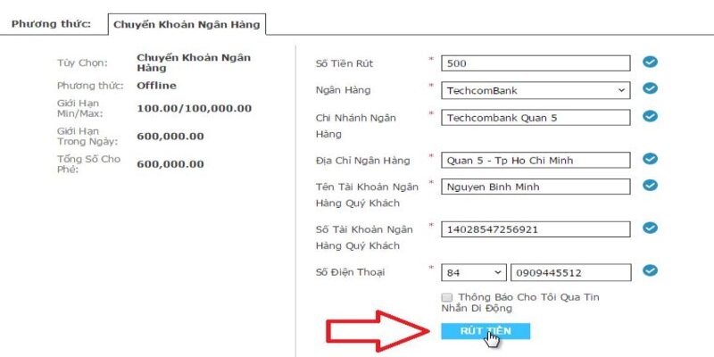 Điền biểu mẫu theo yêu cầu để rút tiền W88 thành công