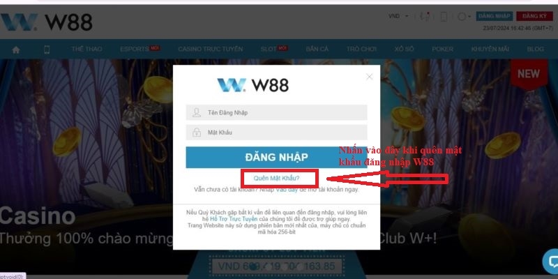 Hướng dẫn khi quên mật khẩu đăng nhập W88